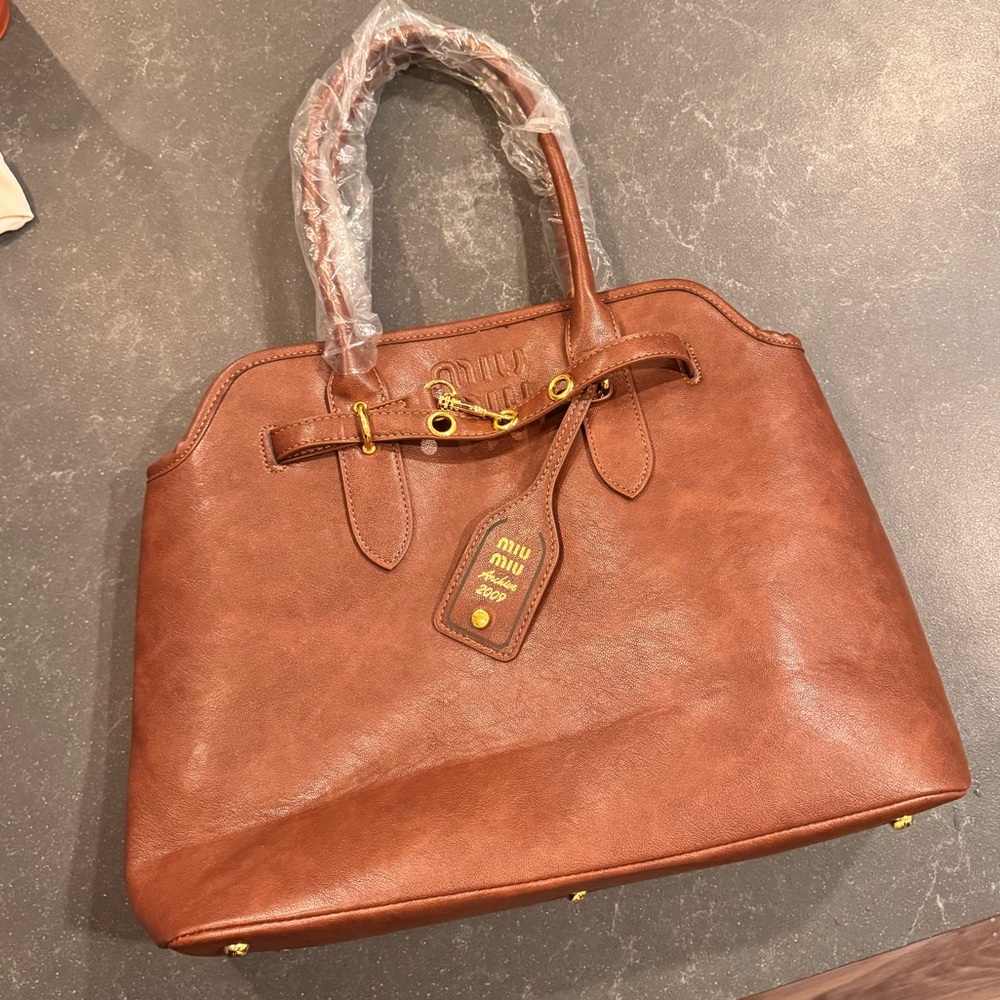 Miu Miu Tan Leather Tote with Gold Accents
